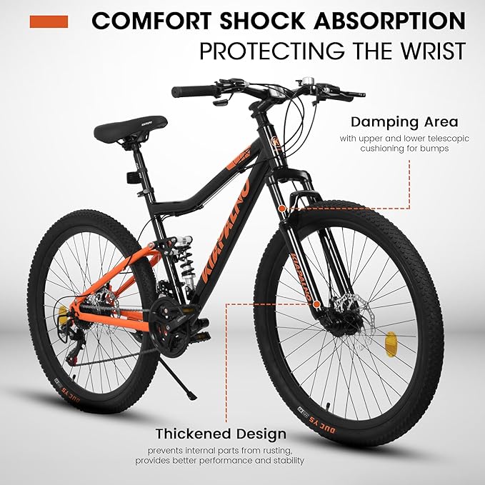26 Inch Mountain Bike Dual Suspension for Mens Boys, 21 Speeds Steel Women Girls Mountain Bike Summer Travel Trip, Disc Brakes Adult Teens Sport Men Women Bicycle for Trail Commuter City Road