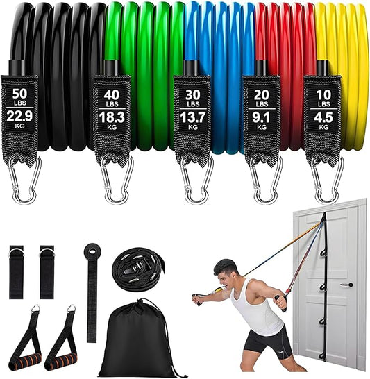 Resistance Bands Set with Door Anchor Training System, 5 Colors Stackable up to 150LBS, Includes 5-Angle Door Training Tool, Home Full Body Workout Bands, Handles, Ankle Straps, Portable Bag