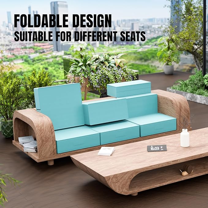 6 Inch Thick Foldable Deep Seat Cushion, 2 PCS 24 x 24 Inch Outdoor Water & Fade Resistant Olefin Patio Furniture Replacement Chair Cushion, with Removable Cover, Handle and Straps, Turquoise