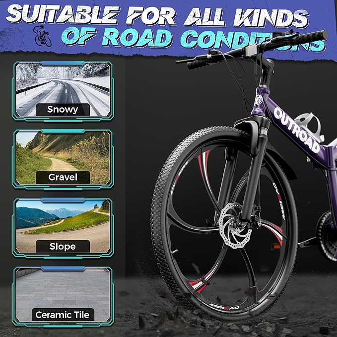 Outroad 26 Inch Folding Mountain Bike, 21 Speed Full Suspension High-Carbon Steel MTB Foldable Bicycle, Dual Disc Brake Non-Slip Folding Bikes for Adults/Men/Women, Black, Orange and Green