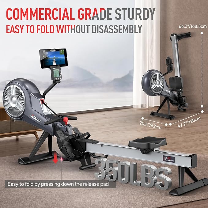 JOROTO Rowing Machine for Home Foldable, Air Magnetic Rowing Machines with 10-Level Adjustable Resistance, Quiet Ergonomic Seat,Bluetooth App, Max 350LBS, Space-Saving Home Gym, Gray
