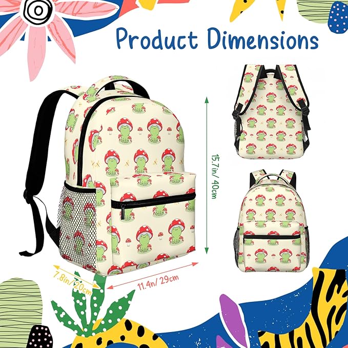 Kawaii Frog Print Backpack for Boys Girls Bookbags Lightweight Adjustable Elementary Middle High School Bags for Kids Children Teenagers Travel Daypack Laptop Hiking Backpacks