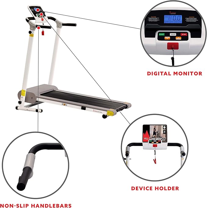 Sunny Health & Fitness Compact Foldable Treadmill - Easy Assembly, Quiet Operation, LCD Performance Monitor, Device Holder - Running & Walking Exercise, Optional Free SunnyFit App Bluetooth Connection