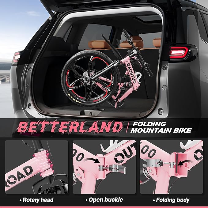 Betterland 26 Inch Folding Mountain Bike, 21 Speeds Full Suspension Foldable Bikes, Dual Disc Brake, High Carbon Steel Frame and Non-Slip Quick Release tire Bicycle for Adult