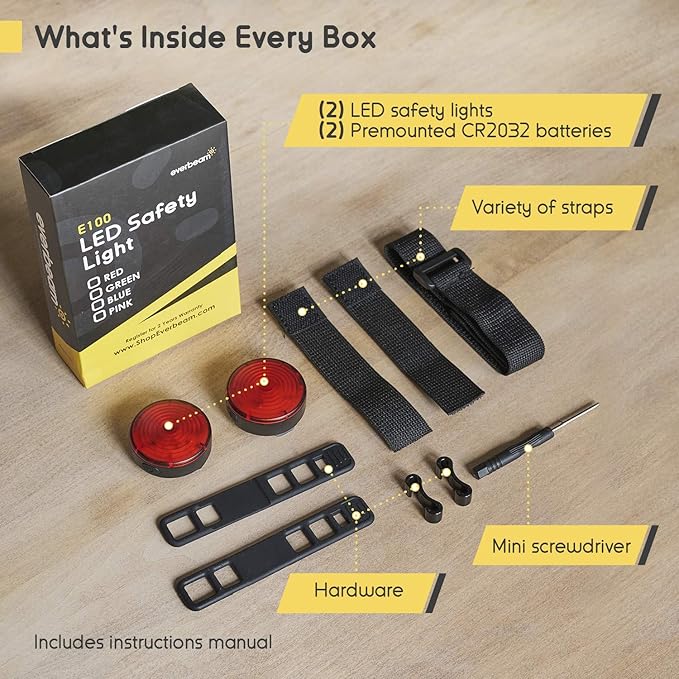 Everbeam E100 LED Safety Lights for Walking at Night - Waterproof Bike Light Excellent for Runners, Cycling, Dog Walking, Kayaking-Bright Clip On LED Light, Many Straps for Wearing - 2 Pack, Red