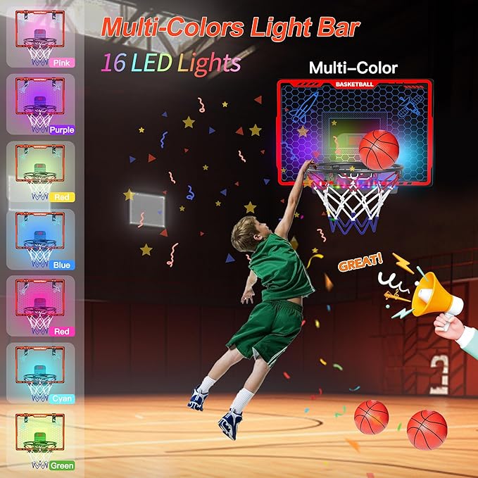 Awsoo Basketball Hoop Indoor for Kids,Mini Basketball Hoop with Colorful Light Bar,Scoreboard& 4 Basketballs, Basketball Toys Gifts for 3 4 5 6 7 8 9 10 11 12 Year Old Boys Girls (Red)