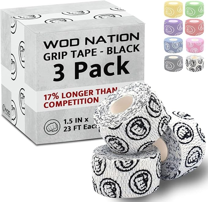 WOD Nation Flexible Hook-Grip Athletic Tape – Easy-Tear, Sweat-Proof Thumb & Finger Strips for Weightlifting
