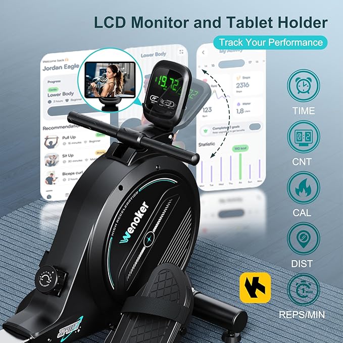 Rowing Machine,Wenoker Magnetic Rower Machine for Home,350 LB Weight Capacity, Smooth Whisper Quiet with LCD Monitor Tablet Holder & Comfortable Seat Cushion, Compact and Saves Space