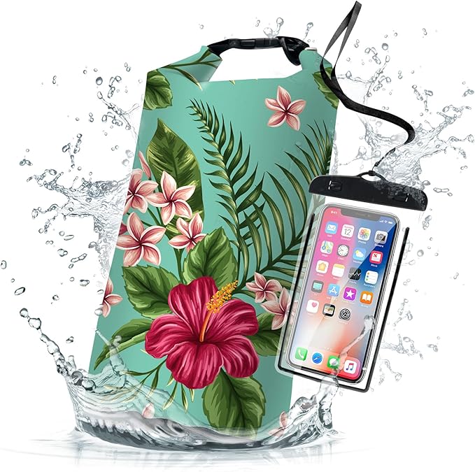 Waterproof Dry Bag,Roll Top Tropical Summer Watercolor Hibiscus Small Waterproof Backpack 5L/10L/20L Floating Lightweight Bags for Kayaking, Boating, Swimming Camping with Waterproof Phone Case