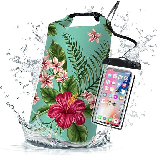 Waterproof Dry Bag,Roll Top Tropical Summer Watercolor Hibiscus Small Waterproof Backpack 5L/10L/20L Floating Lightweight Bags for Kayaking, Boating, Swimming Camping with Waterproof Phone Case