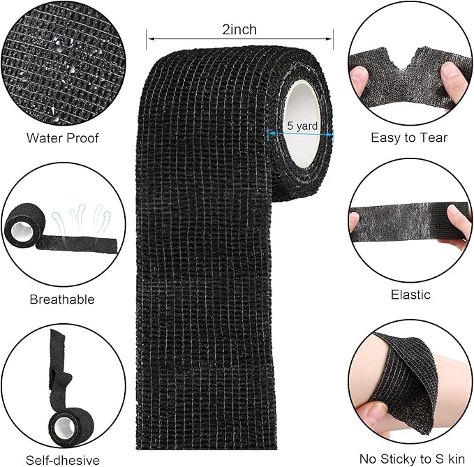 Treela 48 Pack Self Adhesive Wrap Bandage Bulk, 2 Inches x 5 Yards Self Adherent Cohesive Bandage Elastic Athletic Tape Breathable Wound Tape for Stretch Athletic Sports Wrist Ankle(Black)