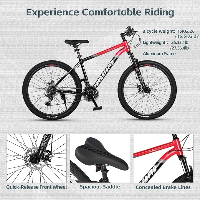 AVASTA Earth 26 27.5 inch Mountain Bike with 21-Speed,Aluminum Frame, Dual Disc Brake, Comfortable Saddle,Multiple Colors
