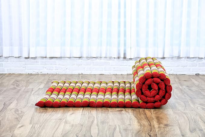 Leewadee - Kapok Roll Mat – Handcrafted Folding Sleep & Relaxation Mattress from Thailand, Ideal as Guest Bed, Camping Mat, Yoga Mat or Traditional Futon, 75 x 39 inches, Green Red
