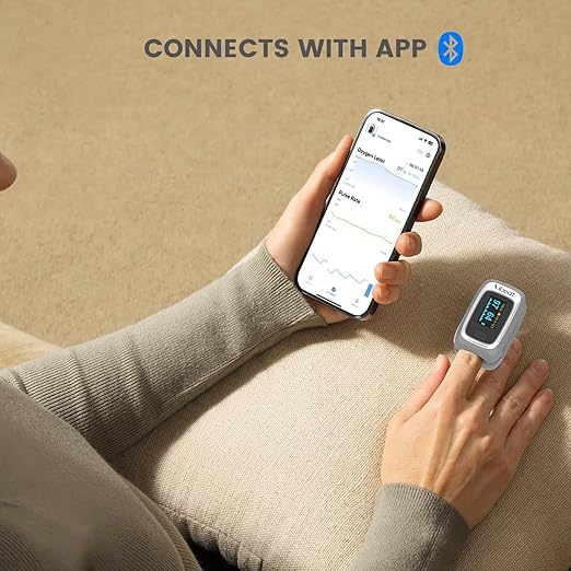 Vibeat Fingertip Pulse Oximeter with Bluetooth, Blood Oxygen Saturation Monitor with APP, Finger SPO2 Meter with Batteries and Lanyard, Gray