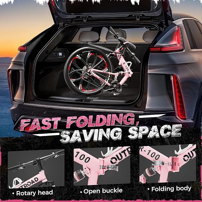 Outroad 26 Inch Folding Mountain Bike, 21 Speed Full Suspension High-Carbon Steel MTB Foldable Bicycle, Dual Disc Brake Non-Slip Folding Bikes for Adults/Men/Women, Black, Orange and Green