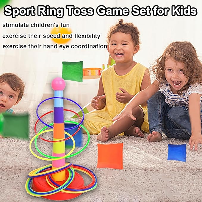 Colorful Plastic Sport Ring Toss Game Set for Kids,1 Colorful Columns+24 Rings+12 Bean Bags,Outside Toys Carnival Ring Circle Game,Outdoor Kids Sports Educational Toys