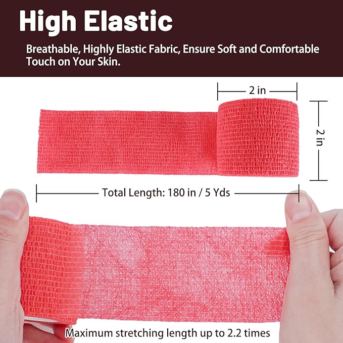 24 Pack Self Adhesive Bandage Wrap, 2” x 5 Yards Cohesive Medical Tape Elastic Grip Tape Red Sports Tape Athletic for Ankle, Wrist Sprains, Pet First Aid (Red, 2 Inch)