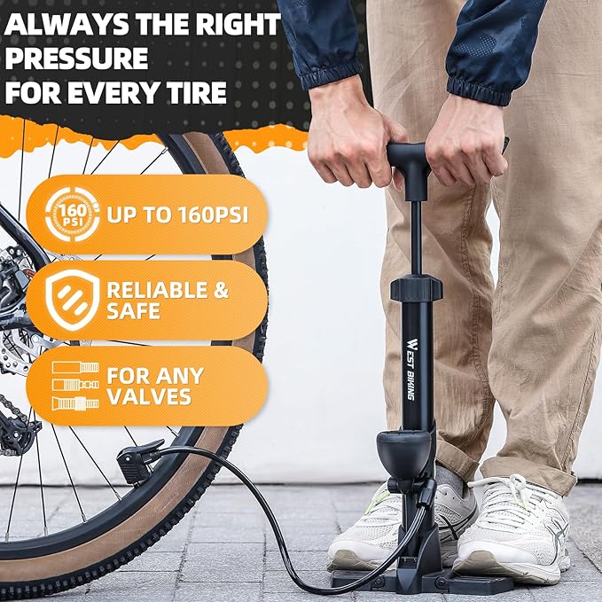 Bike Floor Pump, Bikes Pump with Gauge,Bicycle Air Pump with High Pressure 160 Psi, BikeTire Pump with Presta Schrader Valves,Portable Hand Pump Bike, Fits Road Bikes MTB E-Bike, Ball