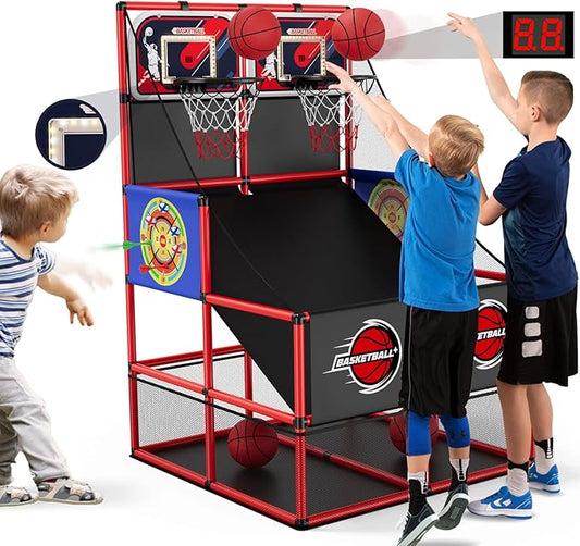 2 in 1 Dual Shot Basketball Arcade Game with 2 Dart Boards/Electronic Scoreboard/LED Light, Kids Basketball Hoop for Home Indoor Outdoor, Sport Toys Gifts for Boys Girls