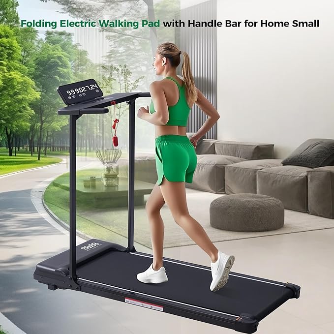 Compact Walking Pad with Handle Bar, Foldable Electric Treadmill with Handles and 3.5HP Powerful Motor, Portable Small Walking Pads Treadmill for Home Small Spaces,400LBS Weight Capacity