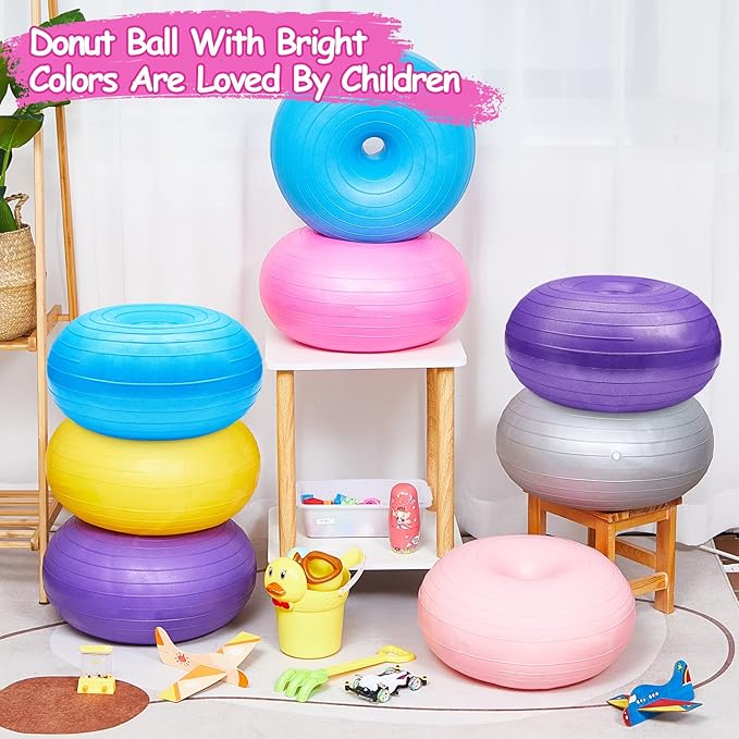 Lewtemi 8 Pcs Flexible Seating for Classroom Elementary 20'' Yoga Ball Chair Large Inflatable Donut Exercise Ball Chair Wobble Seat with Inflator for Kids Student Balance