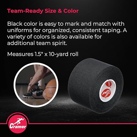 Cramer Team Color Athletic Tape, Black, Latex-Free, 1.5" x 10yds, 32 Roll Bulk Case, Tearable Sports Tape for Wrists, Ankles, Baseball, Training, Strong Athletic Wrap for Athletes & Trainers