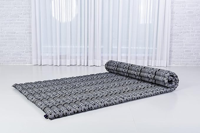 Leewadee - Kapok Roll Mat – Handcrafted Folding Sleep & Relaxation Mattress from Thailand, Ideal as Guest Bed, Camping Mat, Yoga Mat or Traditional Futon, 75 x 39 inches, Black White