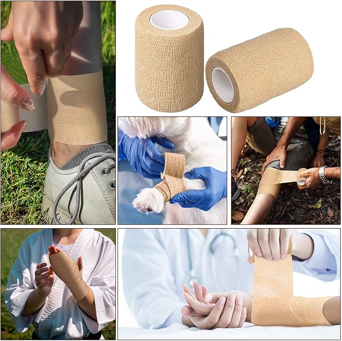 Treela 64 Pack 2" x 5 Yards Self Adhesive Cohesive Bandage Wraps, Elastic Breathable Athletic Tape, Flexible Self Adherent Bandage Rolls for Wrist, Ankle, Fingers, Sports & Pets (Beige)