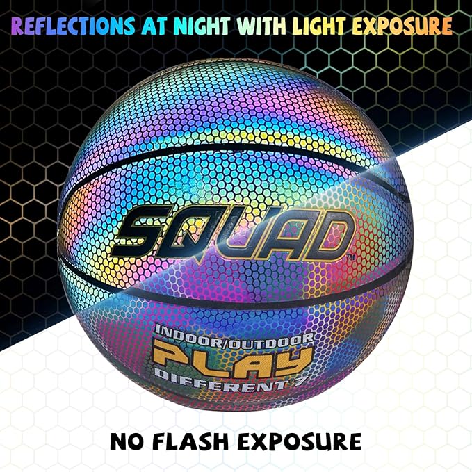 SQUAD NightPlay Reflective Basketball Size 5, Size 7 - Cool Holographic Glow Basketball for Night Game, Ideal Gift for Boys Girls 10-14 Year Old, Cool Teen Toys