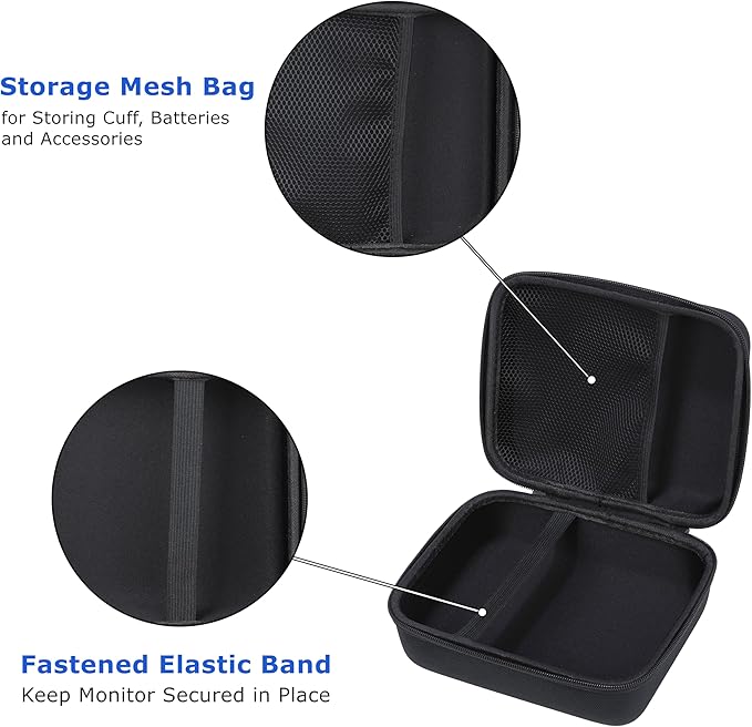 Ginsco Universal Hard Shell Case for Blood Pressure Monitor, Compatible with Omron Platinum/Gold, Portable Carrying Travel Case with Handle, Mesh Pocket for Cuff/Batteries/Charger (Black, L)