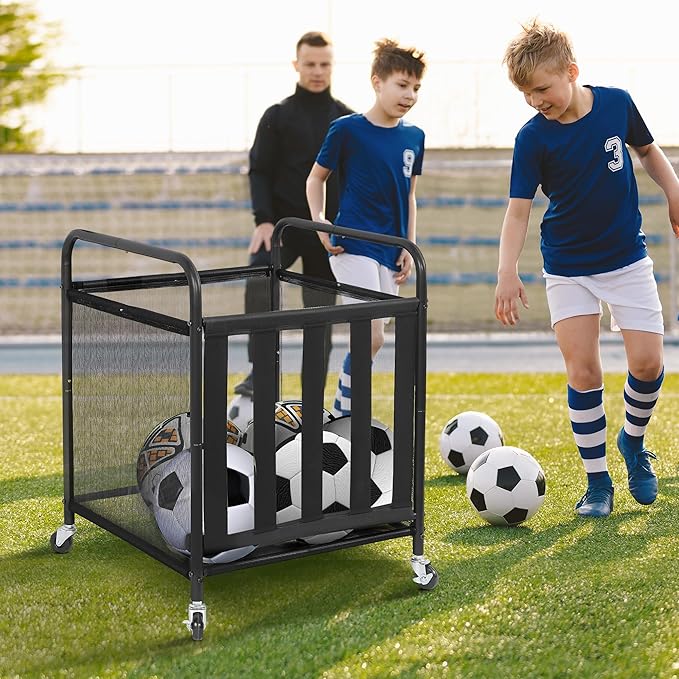STO STO Rolling Sports Ball Storage Cart, Lockable Basketball Cage with Elastic Straps, Sport Equipment Holder Organizer for Indoor Outdoor, Steel Storage Rack for Playgroup and Gym