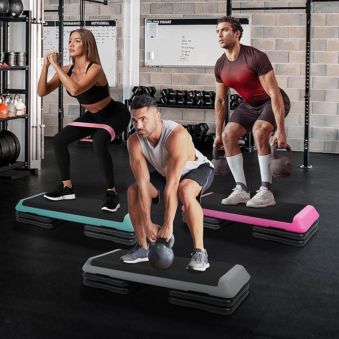 Fitvids Step Aerobic Platform, Exercise Step with 5 levels Adjustable Height, 4 Stackable Risers, Fitness Training Workout Stepper for Home Gym, Cardio Strength, Multiple Options