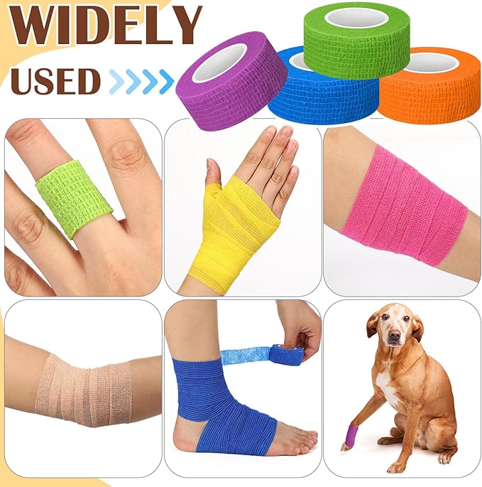 Treela 64 Pack 1" x 5 Yards Self Adhesive Cohesive Bandage Wraps, Elastic Breathable Athletic Tape, Flexible Self Adherent Bandage Rolls for Wrist, Ankle, Fingers, Sports & Pets (Multi Color)