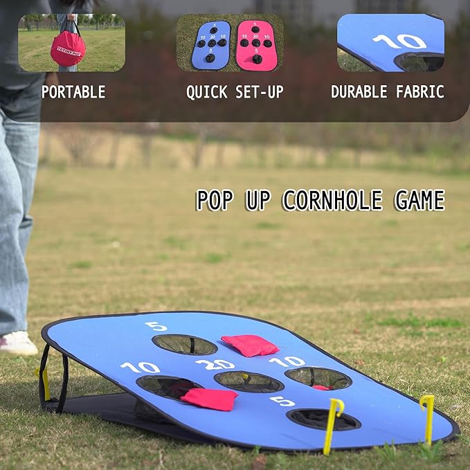 Pop up Cornhole Sets for Backyard Portable Collapsible Cornhole Game with 8 Bean Bags Lightweight Carrybag and 8 Stakes Easy go Anywhere for Travel and Family Game
