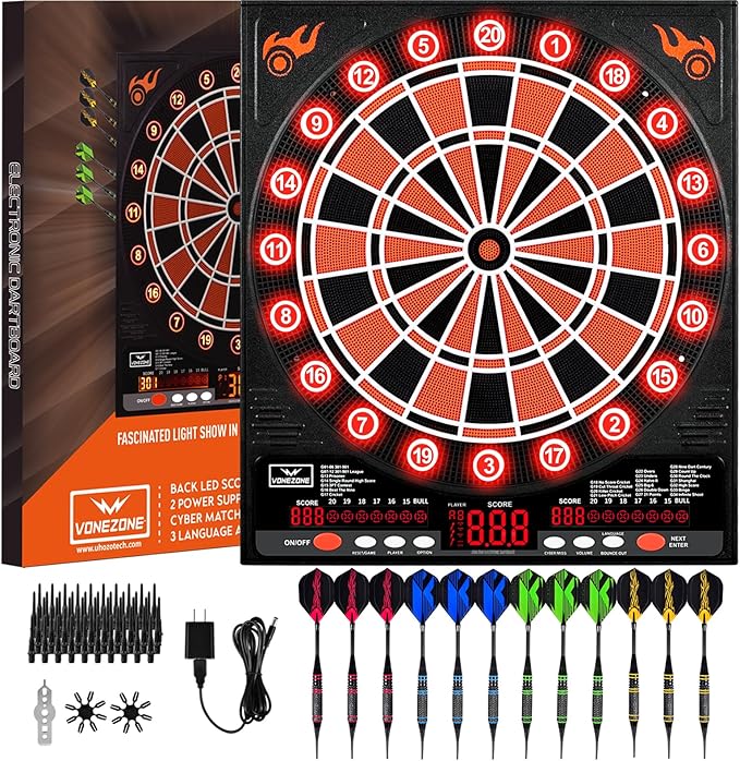 Electronic Dartboard, Electric Dart Boards for Adults,Electronic Scoreboard, Light-Up Led Display, 12 Darts Soft Tip Professional Dart Board and Extra Tips, Up to 8 Players