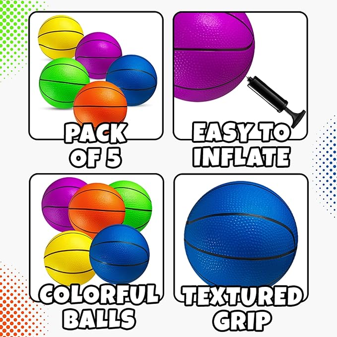 Mini Basketball Set for Kids - 6 Inch (5 Pack) w/ Hand Pump - Small Size Indoor Mini Hoop Balls for Toddlers - Over the Door Basketball Games, Indoor & Outdoor, Small Hoops, Pool Play & Party Favors