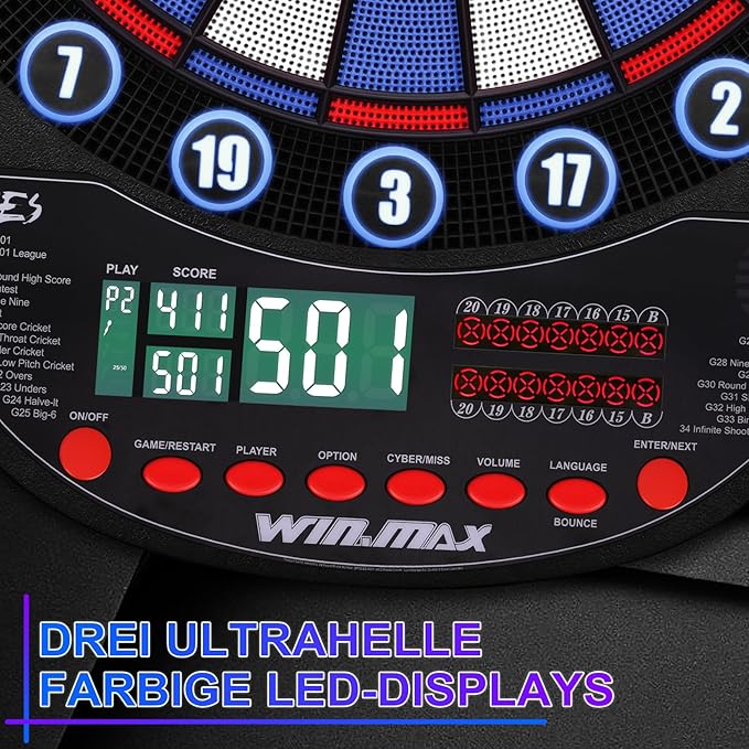 WIN.MAX Electronic Dart Board Soft Tip Dartboard Set LED Displays 3 Languages with 12 Darts 100 Tips Power Adapter
