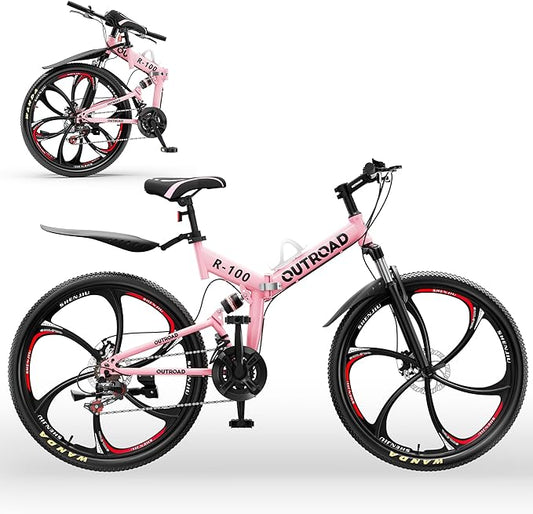Outroad 26 Inch Folding Mountain Bike, 21 Speed Full Suspension High-Carbon Steel MTB Foldable Bicycle, Dual Disc Brake Non-Slip Folding Bikes for Adults/Men/Women, Black, Orange and Green