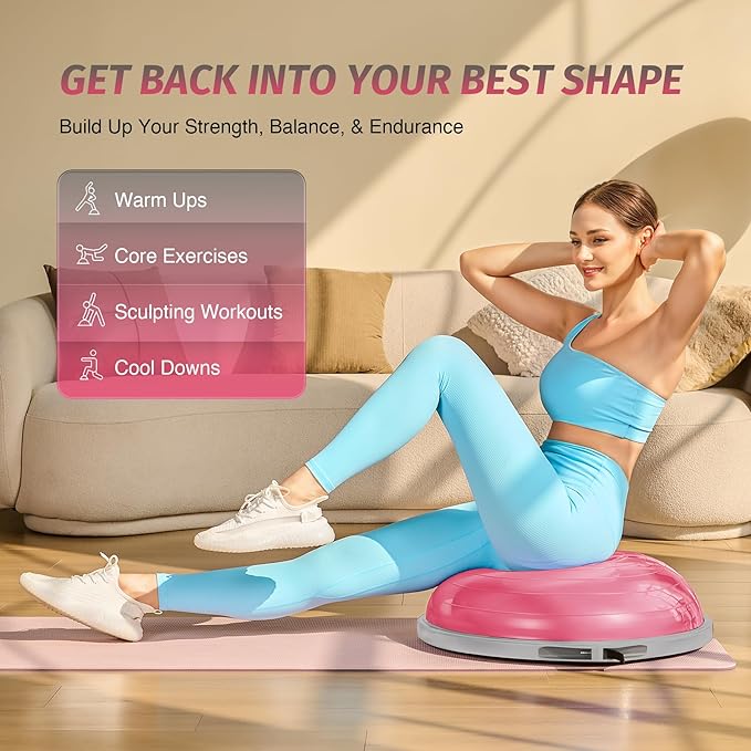 ZELUS 25in. Balance Ball | 660lb Inflatable Half Exercise Ball Wobble Board Balance Trainer w Nonslip Base | Half Yoga Ball Strength Training Equipment w 2 Bands, Pump, Extra Ball Included