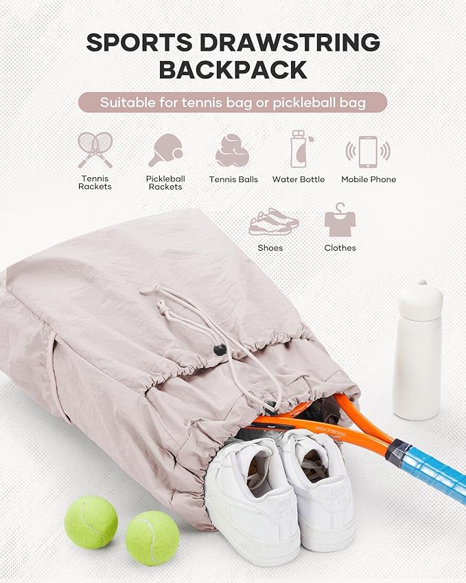 Tennis Racket Bag for Women, Waterproof Tennis Badminton Backpack 2 Racquets, Drawstring Racket Case for Ball Paddles