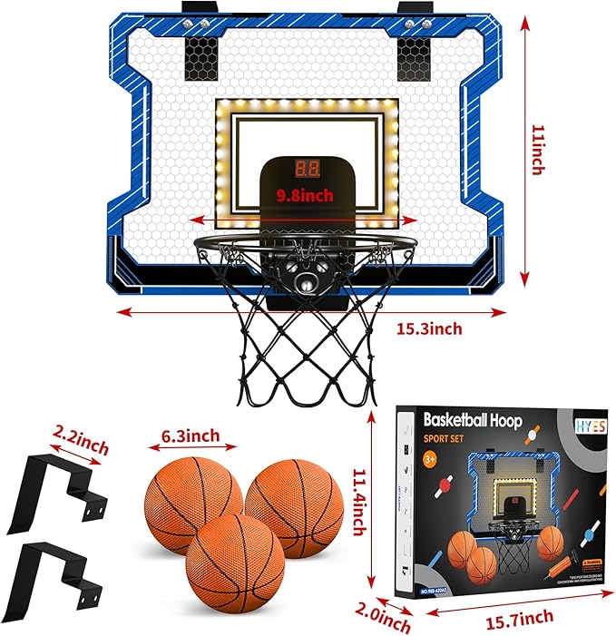 Mini Basketball Hoop Indoor with Scoreboard/LED Light, Glow in The Dark Door Basketball Hoop, Toy Gifts for Kids Boys Girls Teens Adults, Suit for Bedroom/Office/Outdoor/Pool, Blue