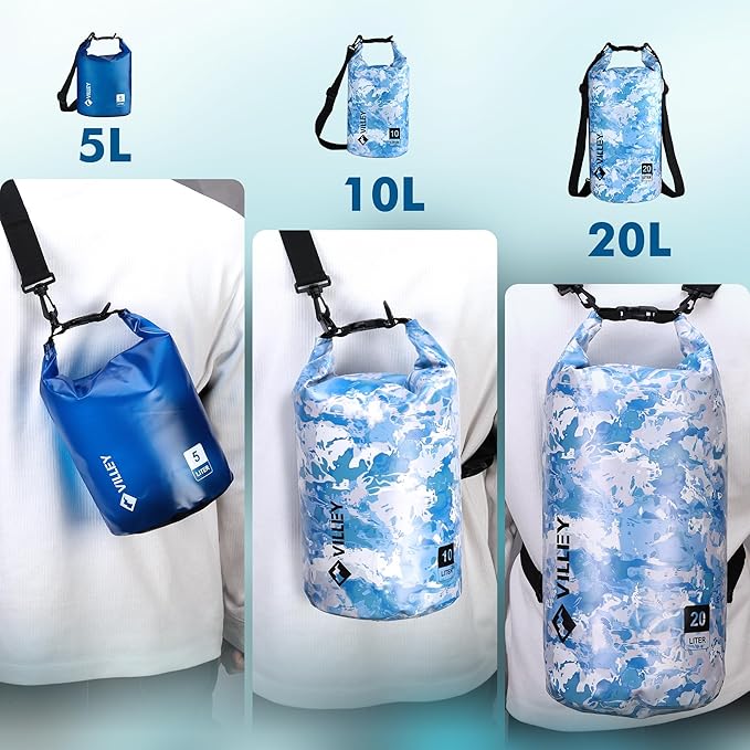 VILLEY Dry Bag Waterproof 5L Roll Top Sack Keeps Gear Dry Lightweight Sack for Kayaking Boating Camping Swimming and Beach Adventures Blue Transparent
