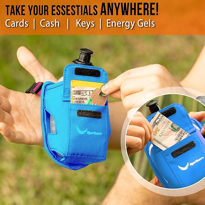 2-in-1 Running Fun – Handheld 12 Oz Water Bottle & Running Belt Add-On – No-Grip Design, Straps on Hand & Slides on Belt, Waterproof Pocket for Money, Keys, Gels – Maximize Time, Freedom & Health