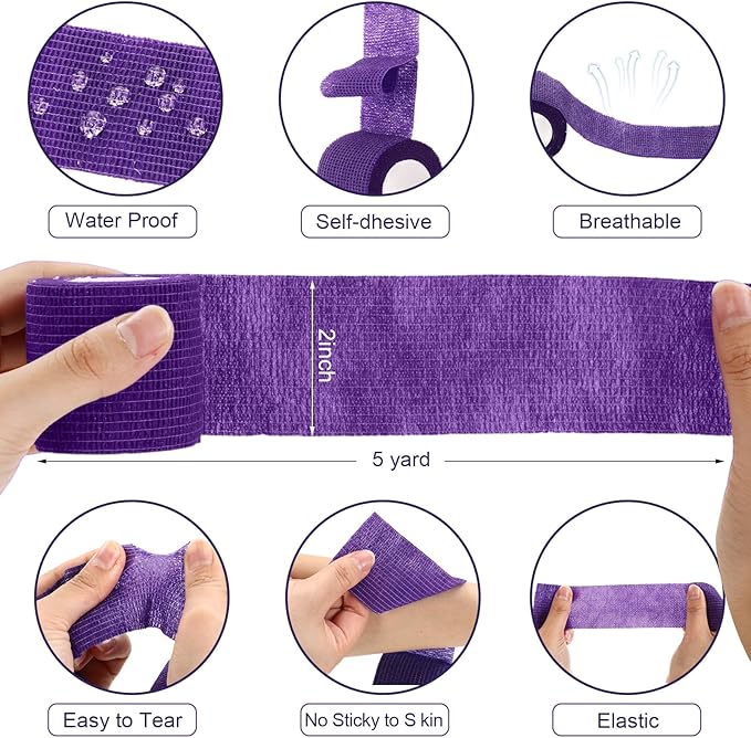 Treela 48 Pack Self Adhesive Wrap Bandage Bulk, 2 Inches x 5 Yards Self Adherent Cohesive Bandage Elastic Athletic Tape Breathable Wound Tape for Stretch Athletic Sports Wrist Ankle(Purple)