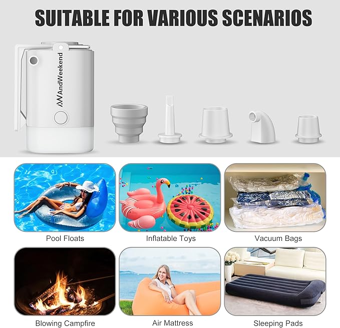 THE WEEKEND Portable Air Pump for Inflatables with Camping Lantern,3kPa Tiny Air Mattress Pump with 2000mAh Rechargeable Battery,Inflate Deflate for Sleeping Pads Pool Floats Inflatable Toys(White)