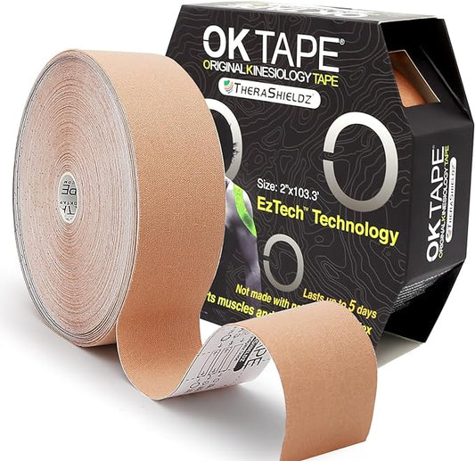 OK TAPE Kinesiology Tape Bulk 103Feet, Pro Adhesive, Water-Resistant k Tape, Elastic Athletic Tape, Latex Free, Uncut, Beige