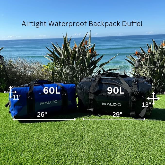 Malo'o Airtight Waterproof Adventure Duffle - Ideal for Kayaking, Camping, Beach, Fishing, Boating, Hiking - Water-Tight Zipper