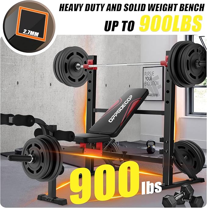 OPPSDECOR 900LBS Olympic Weight Bench Set with Squat Rack Professional Incline Bench Press with Leg Extension & Leg Curl Foldable Decline Flat Workout Bench for Home Gym Full Body Exercise