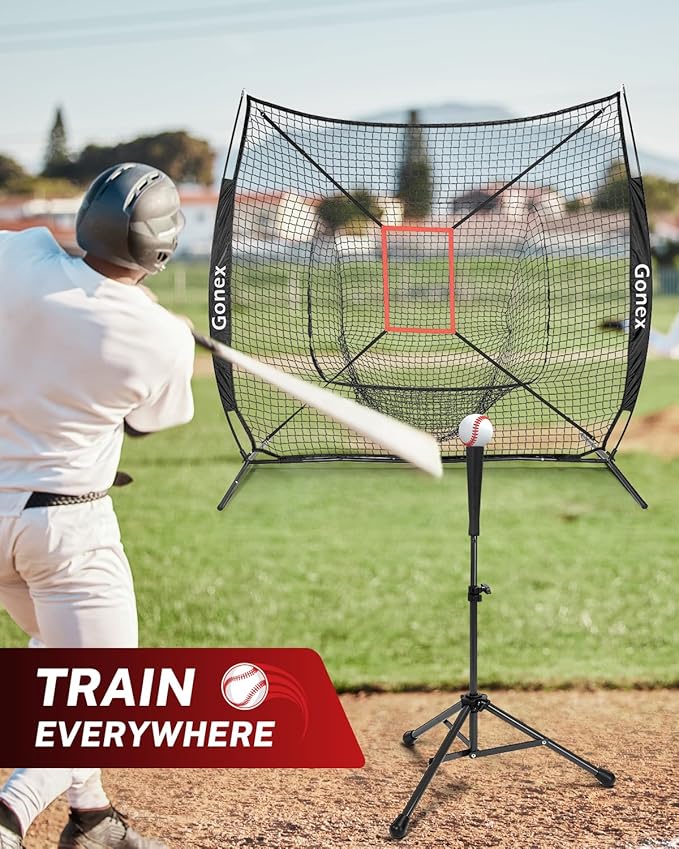 Gonex 7' x 7' Baseball Softball Practice Net Set with Batting Tee for Hitting and Pitching Batting, Practice Training Aid, with Strike Zone, Large Mouth, Bow Frame, Carrying Bag