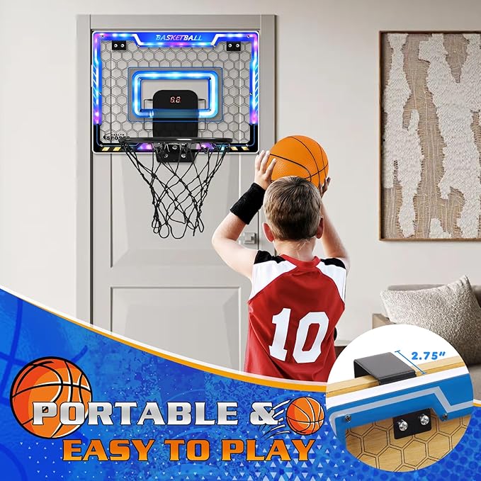 Mini Basketball Hoop Indoor with Scorer and Batteries, Indoor Basketball Hoop Over The Door with Colorful LED Lighting, Toy Basketball Set for Boys Girls Age 3 4 5 6 7 8